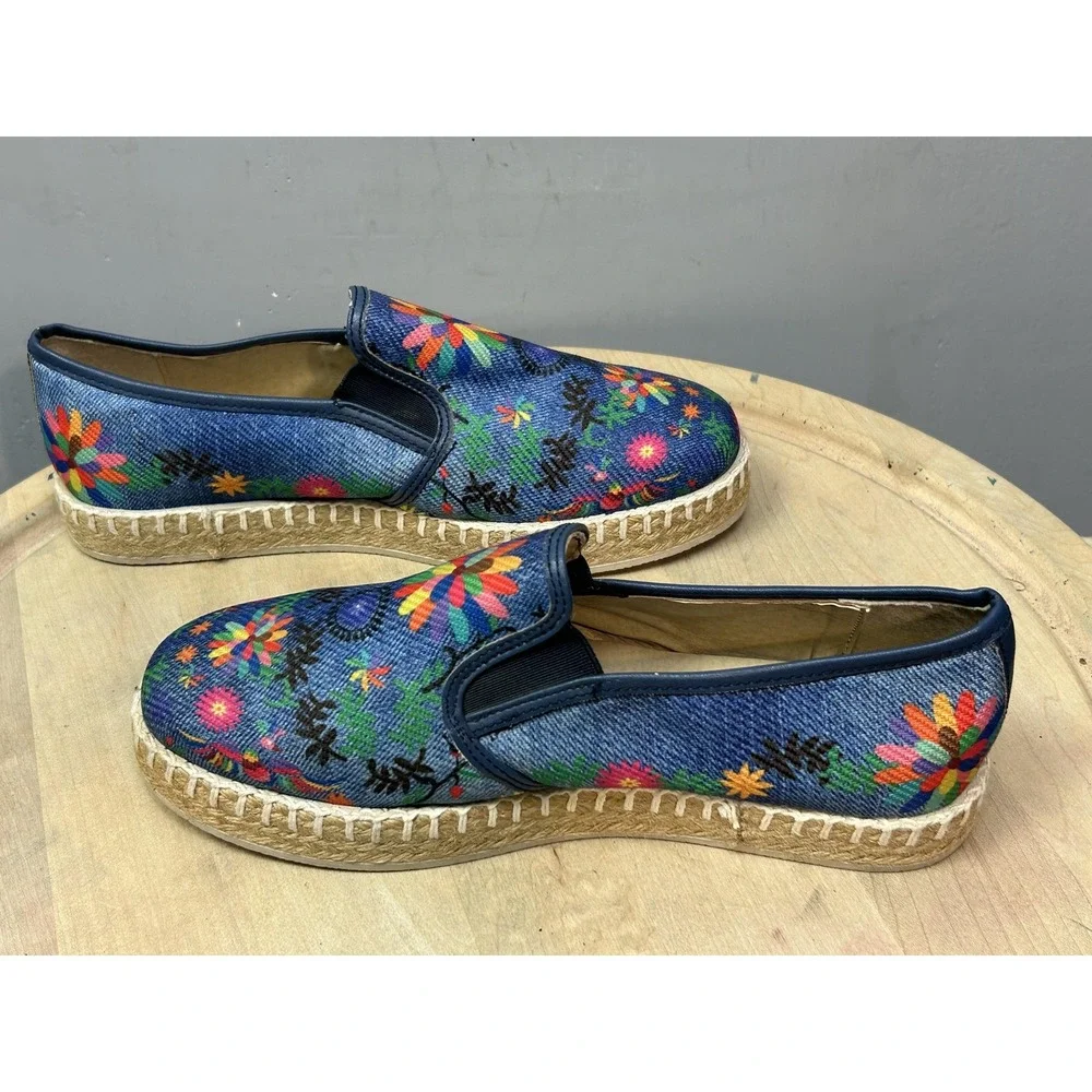 Sergio‎ Banamex Shoes Womens Size 8.5 Blue Floral Denim Espadrille Slip On